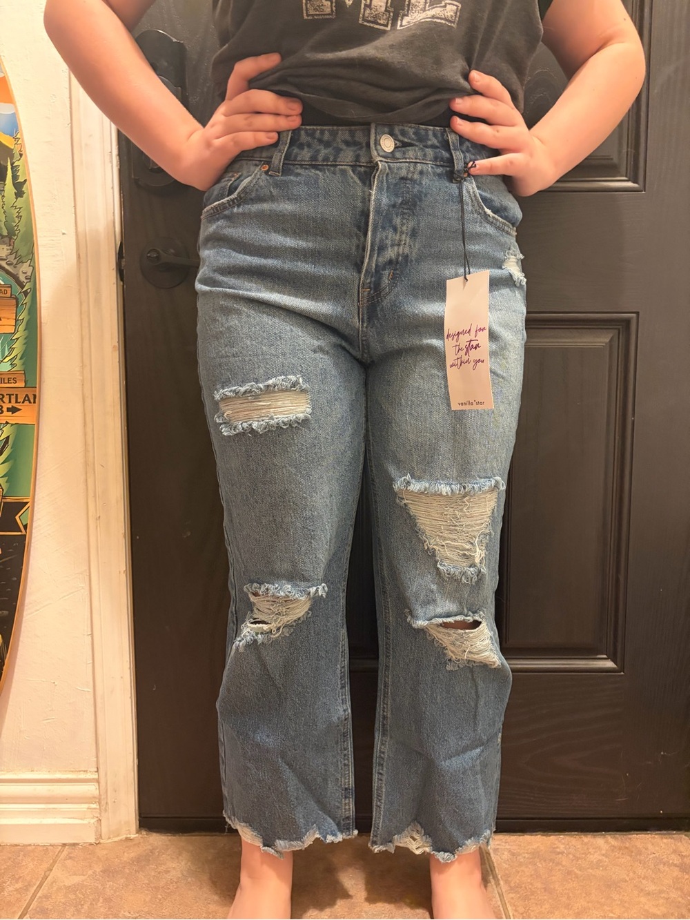 Vanilla Star Light Blue Distressed Relaxed Straight Ankle Cropped Jeans